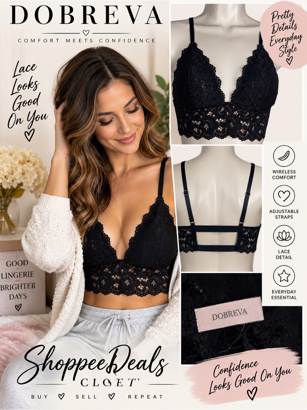 DOBREVA Black Lace Wireless Longline Bralette Bra Size M